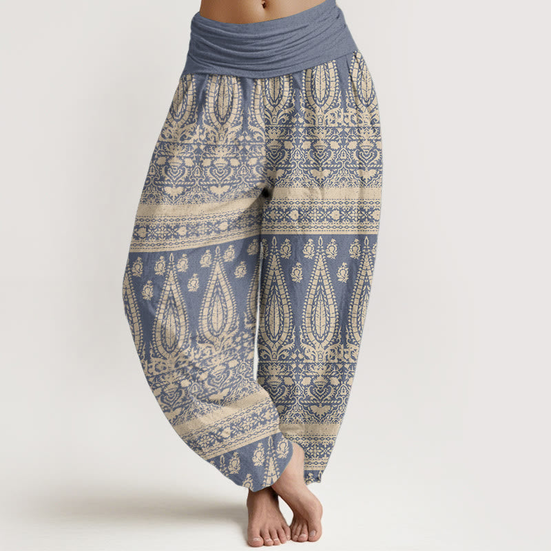 Pantalon sarouel décontracté en pur coton avec rayures et plumes pour femme, taille élastique, motif Buddha Stones