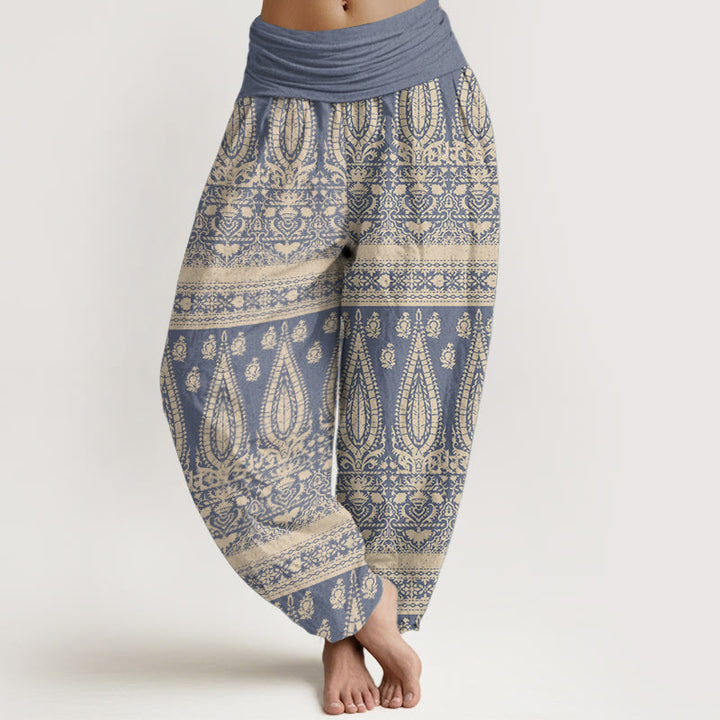 Pantalon sarouel décontracté en pur coton avec rayures et plumes pour femme, taille élastique, motif Buddha Stones