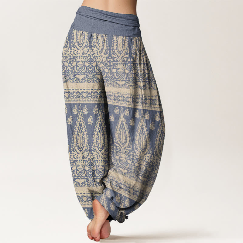 Pantalon sarouel décontracté en pur coton avec rayures et plumes pour femme, taille élastique, motif Buddha Stones