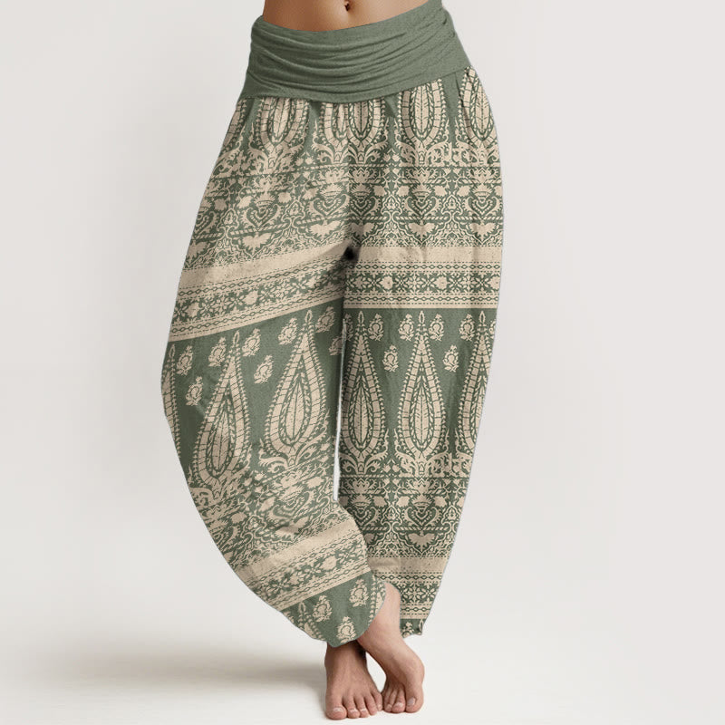 Pantalon sarouel décontracté en pur coton avec rayures et plumes pour femme, taille élastique, motif Buddha Stones