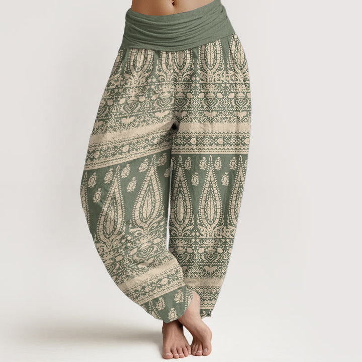 Pantalon sarouel décontracté en pur coton avec rayures et plumes pour femme, taille élastique, motif Buddha Stones