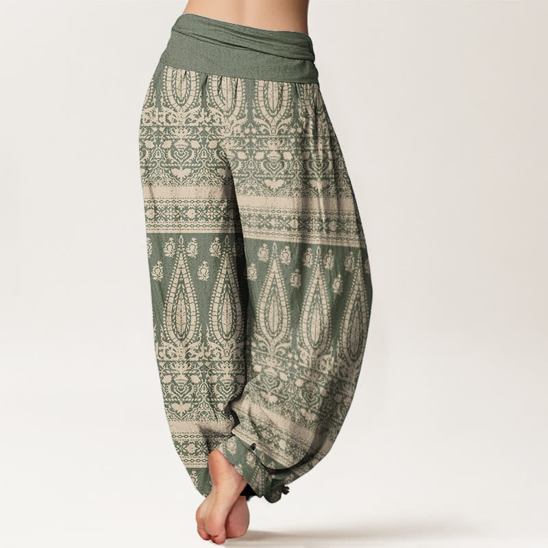Pantalon sarouel décontracté en pur coton avec rayures et plumes pour femme, taille élastique, motif Buddha Stones