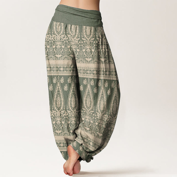 Pantalon sarouel décontracté en pur coton avec rayures et plumes pour femme, taille élastique, motif Buddha Stones