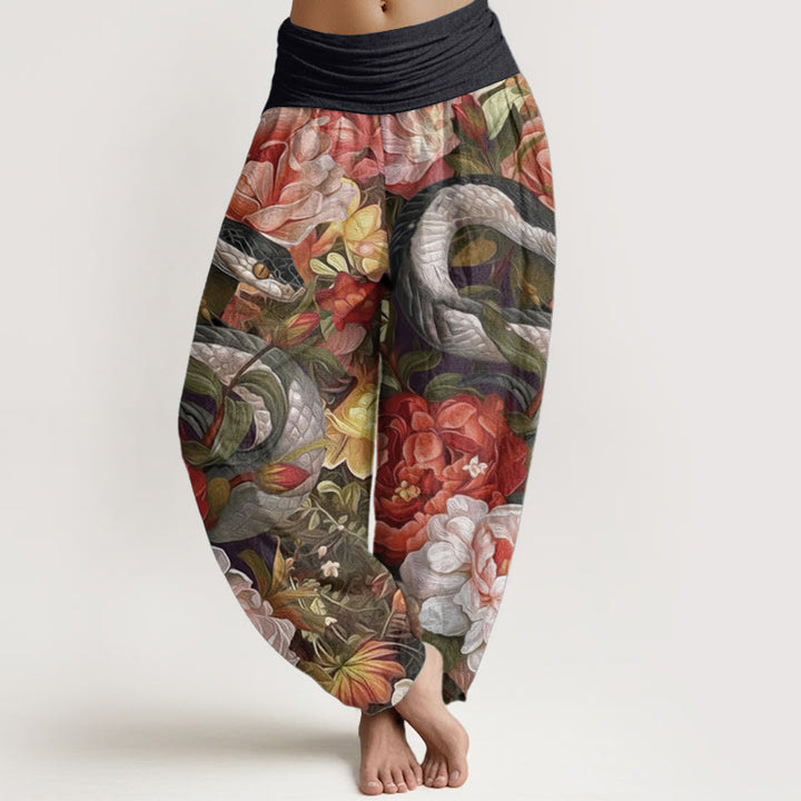 Pantalon Buddha Stones en pur coton avec motif serpent, pivoines, fleurs et feuilles pour femme, taille élastique