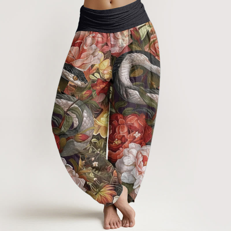 Pantalon Buddha Stones en pur coton avec motif serpent, pivoines, fleurs et feuilles pour femme, taille élastique - Noir - US22，UK/AU26，EU54 (6XL) - image 0