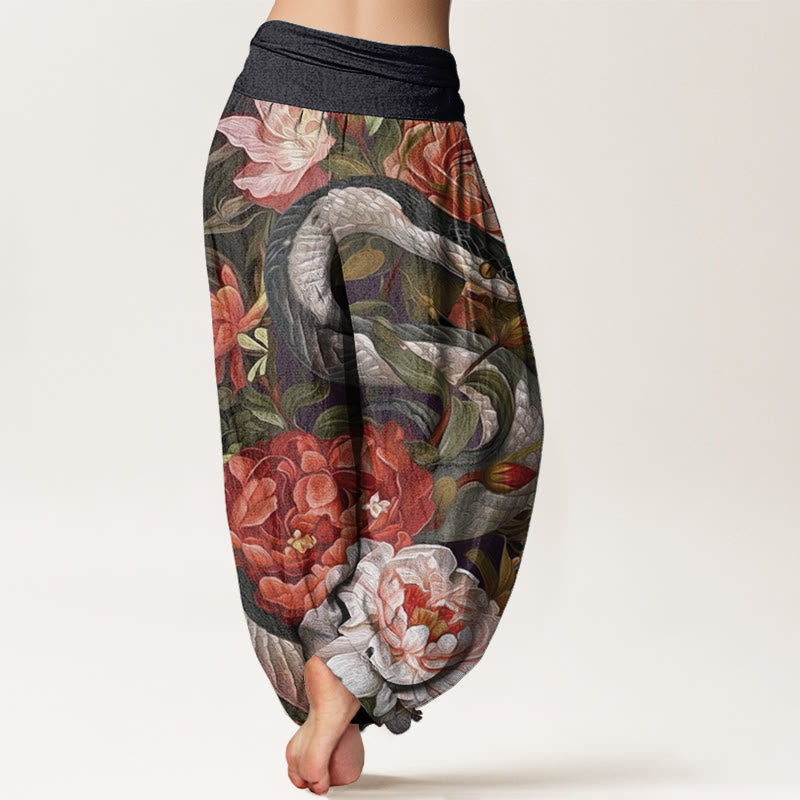 Pantalon Buddha Stones en pur coton avec motif serpent, pivoines, fleurs et feuilles pour femme, taille élastique