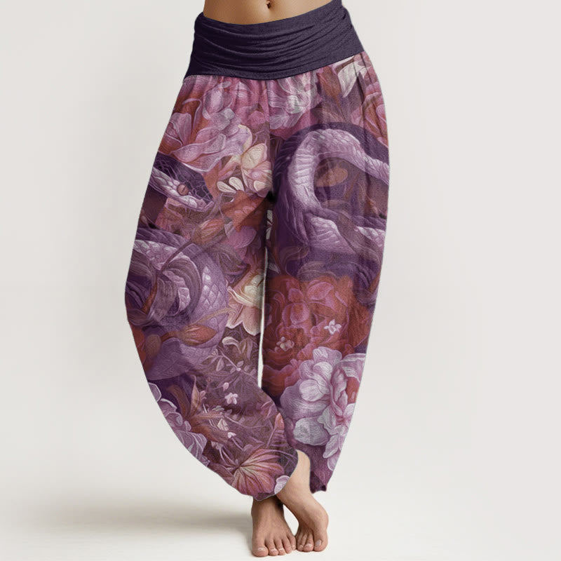 Pantalon Buddha Stones en pur coton avec motif serpent, pivoines, fleurs et feuilles pour femme, taille élastique