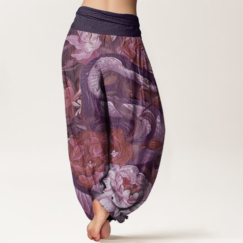 Pantalon Buddha Stones en pur coton avec motif serpent, pivoines, fleurs et feuilles pour femme, taille élastique