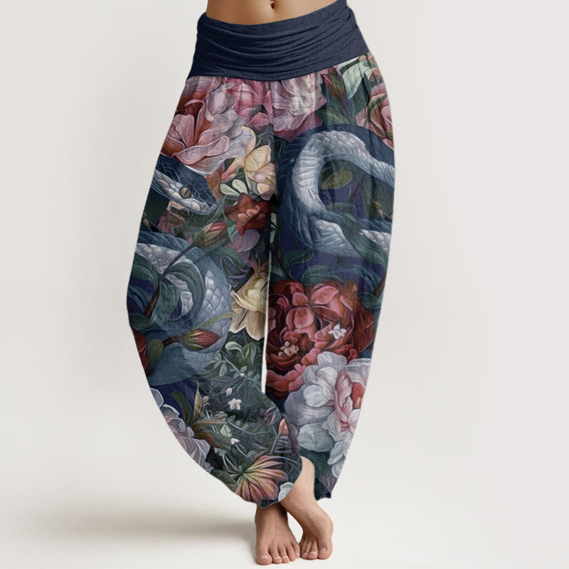Pantalon Buddha Stones en pur coton avec motif serpent, pivoines, fleurs et feuilles pour femme, taille élastique