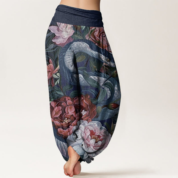 Pantalon Buddha Stones en pur coton avec motif serpent, pivoines, fleurs et feuilles pour femme, taille élastique