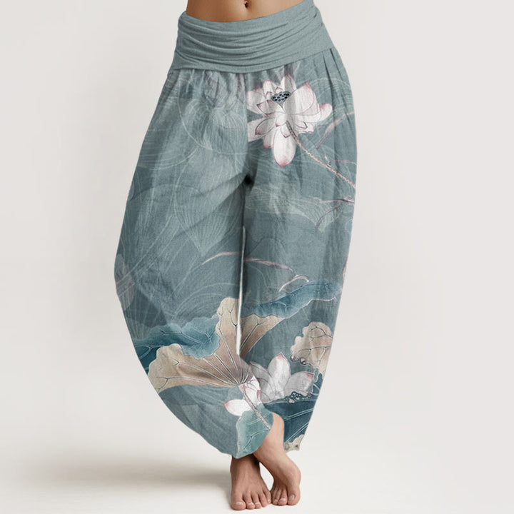 Pantalon Buddha Stones en pur coton avec motif de fleurs de lotus et de feuilles pour femme, taille élastique