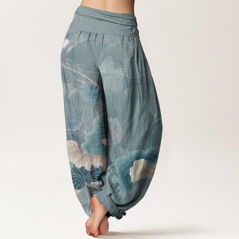 Pantalon Buddha Stones en pur coton avec motif de fleurs de lotus et de feuilles pour femme, taille élastique