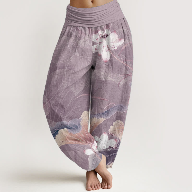 Pantalon Buddha Stones en pur coton avec motif de fleurs de lotus et de feuilles pour femme, taille élastique