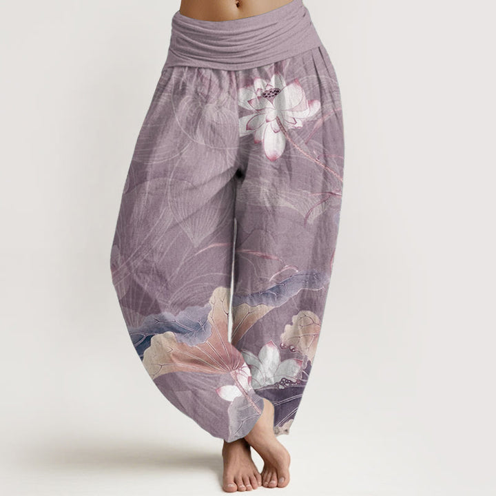 Pantalon Buddha Stones en pur coton avec motif de fleurs de lotus et de feuilles pour femme, taille élastique