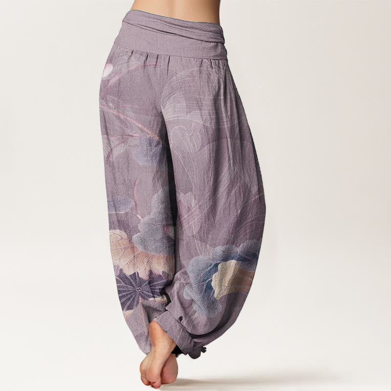 Pantalon Buddha Stones en pur coton avec motif de fleurs de lotus et de feuilles pour femme, taille élastique