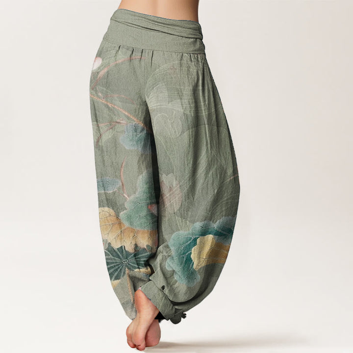 Pantalon Buddha Stones en pur coton avec motif de fleurs de lotus et de feuilles pour femme, taille élastique