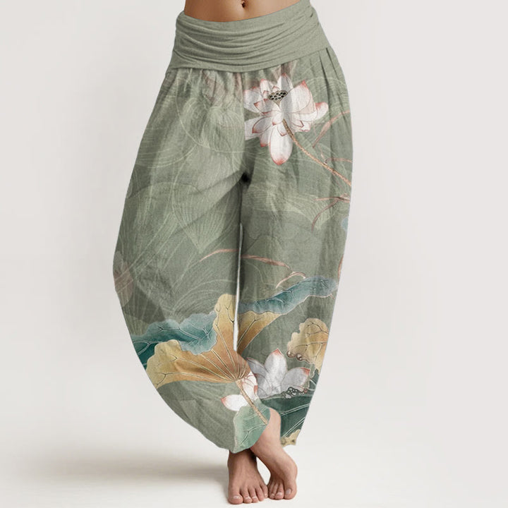 Pantalon Buddha Stones en pur coton avec motif de fleurs de lotus et de feuilles pour femme, taille élastique