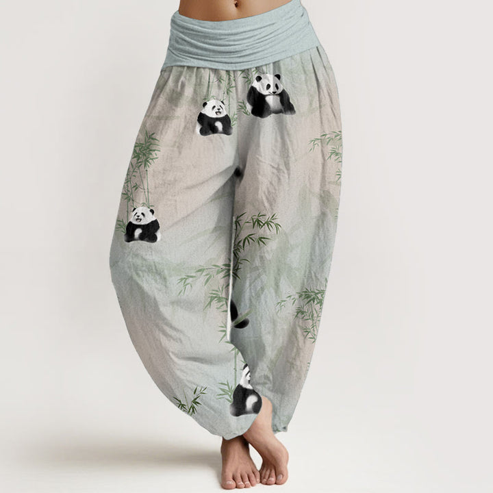 Pantalon sarouel taille élastique pour femme en pur coton motif panda et bambou Buddha Stones