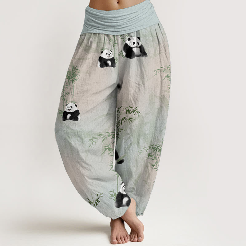 Pantalon sarouel taille élastique pour femme en pur coton motif panda et bambou Buddha Stones - Bleu vert - US22，UK/AU26，EU54 (6XL) - image 0