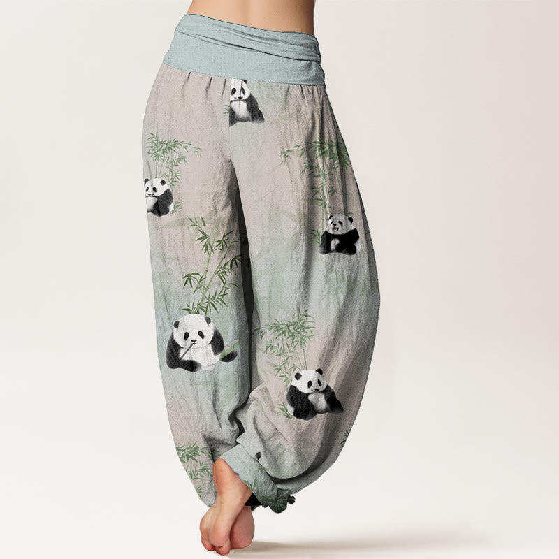 Pantalon sarouel taille élastique pour femme en pur coton motif panda et bambou Buddha Stones - image 1