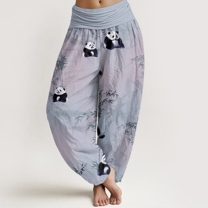 Pantalon sarouel taille élastique pour femme en pur coton motif panda et bambou Buddha Stones