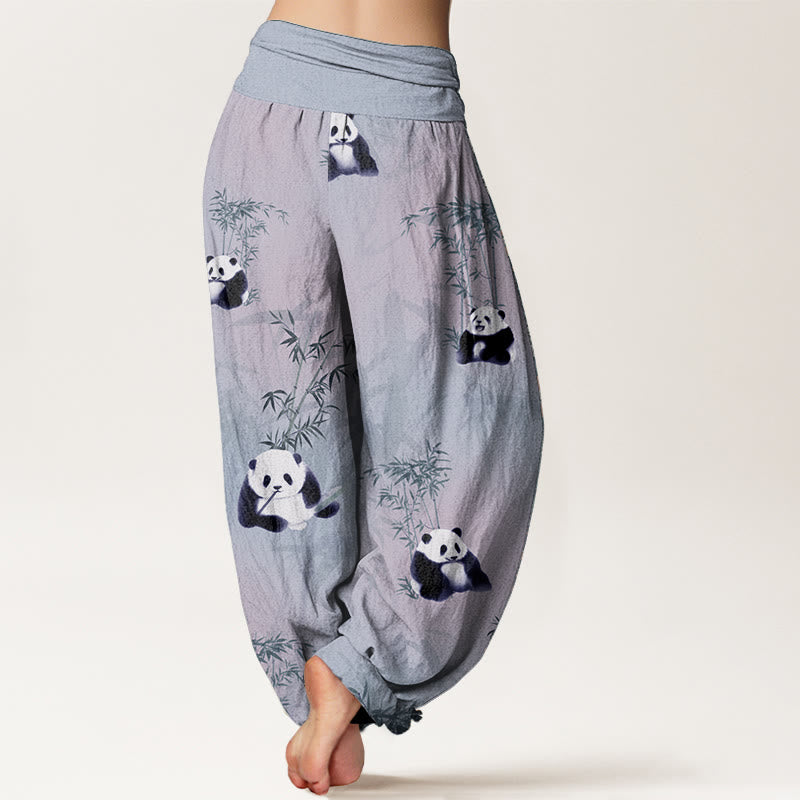 Pantalon sarouel taille élastique pour femme en pur coton motif panda et bambou Buddha Stones