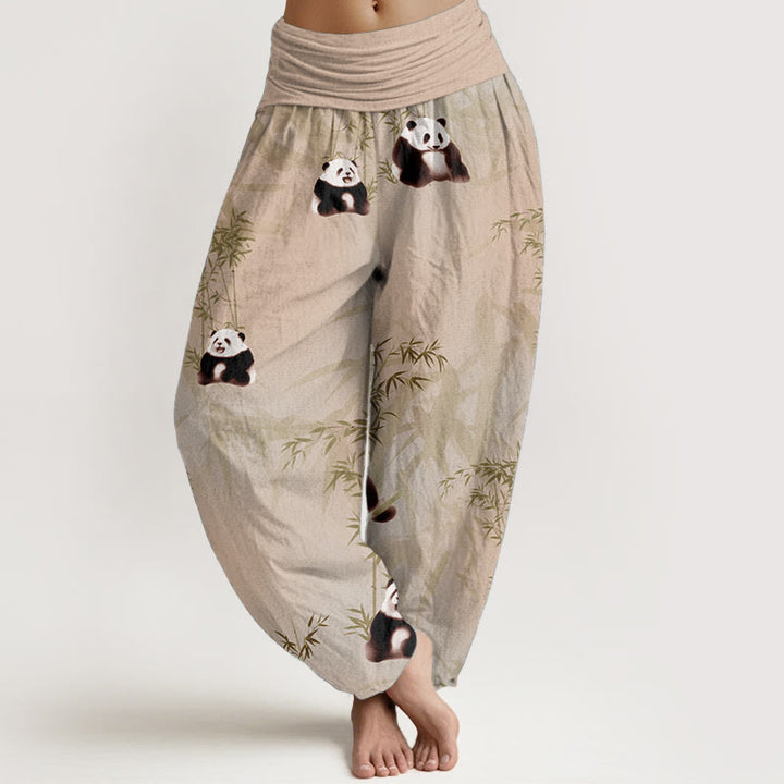 Pantalon sarouel taille élastique pour femme en pur coton motif panda et bambou Buddha Stones
