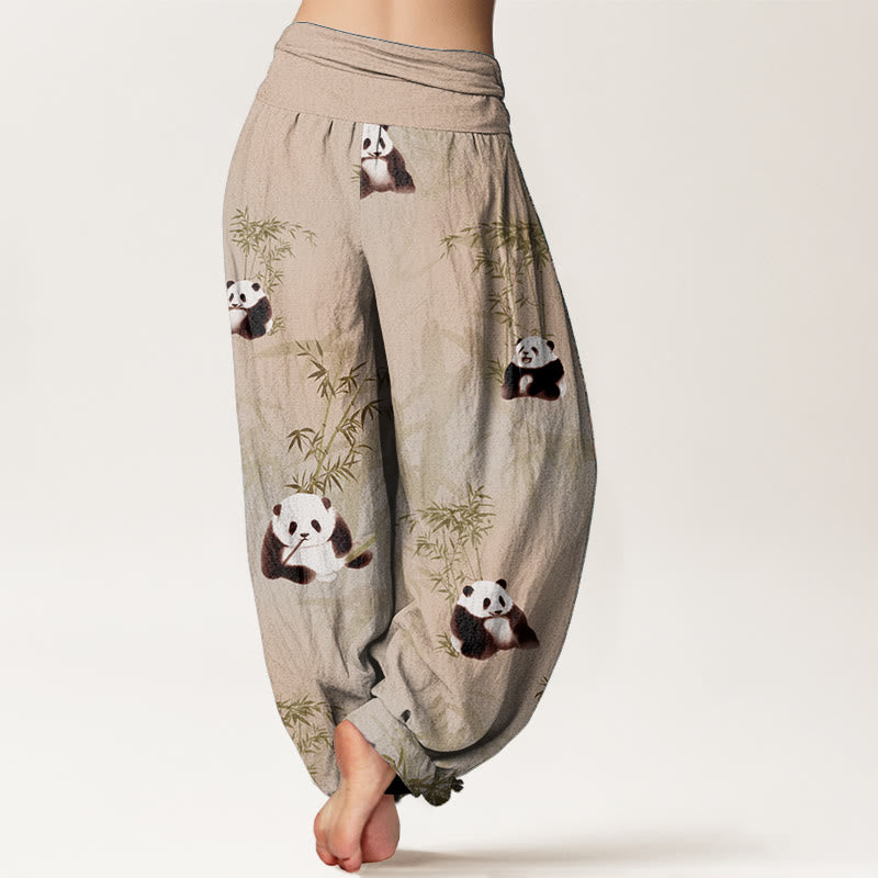 Pantalon sarouel taille élastique pour femme en pur coton motif panda et bambou Buddha Stones