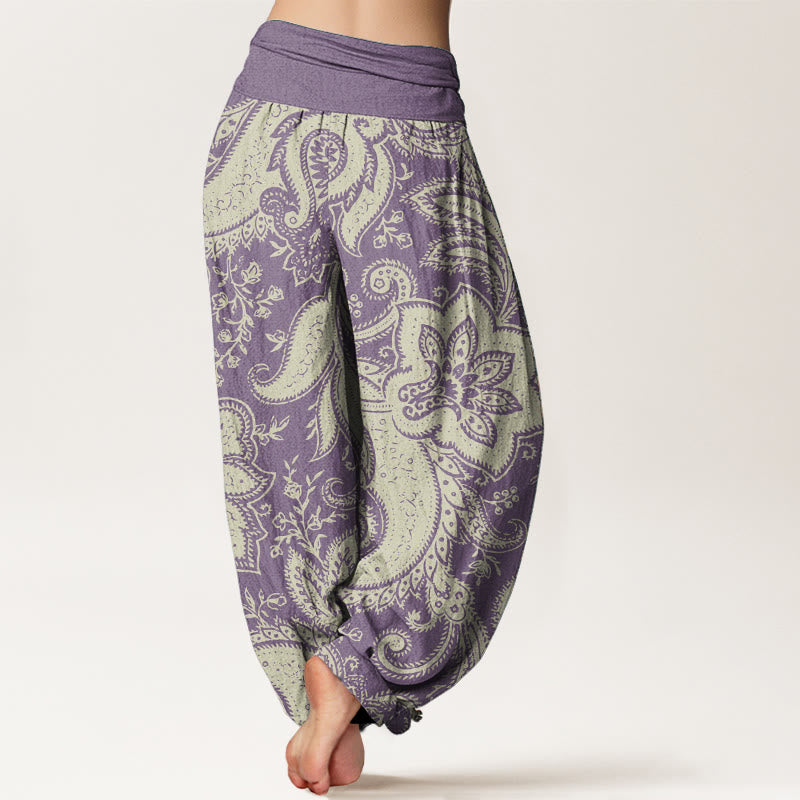 Pantalon Buddha Stones femme en pur coton à motif cachemire et fleurs, taille élastique