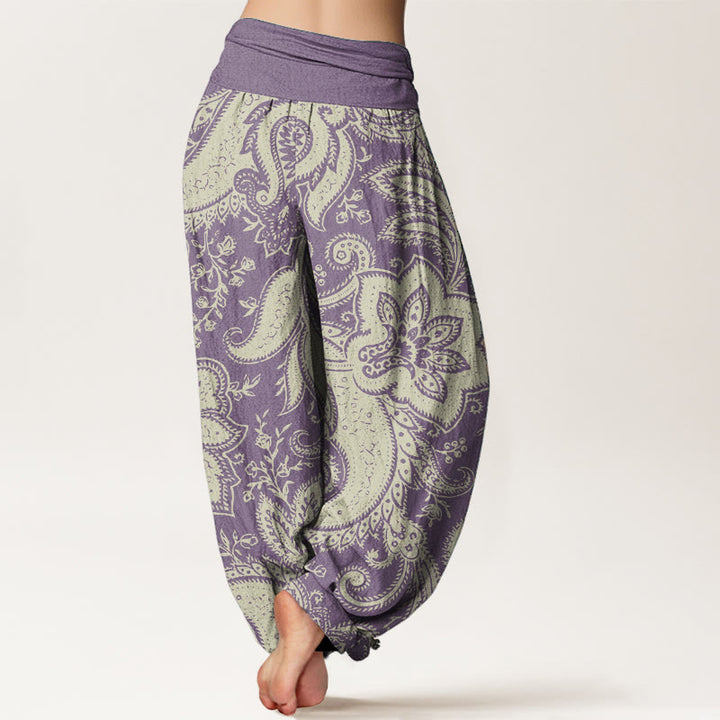 Pantalon Buddha Stones femme en pur coton à motif cachemire et fleurs, taille élastique