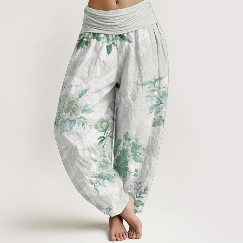 Pantalon sarouel femme taille élastique en pur coton avec fleurs et Buddha Stones blanches