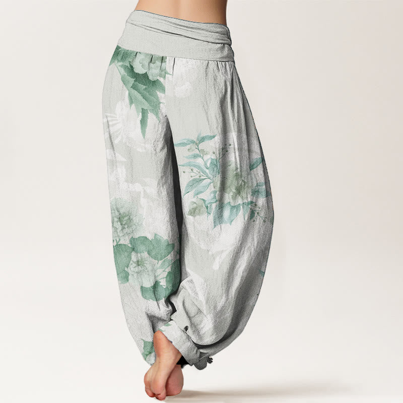 Pantalon sarouel femme taille élastique en pur coton avec fleurs et Buddha Stones blanches