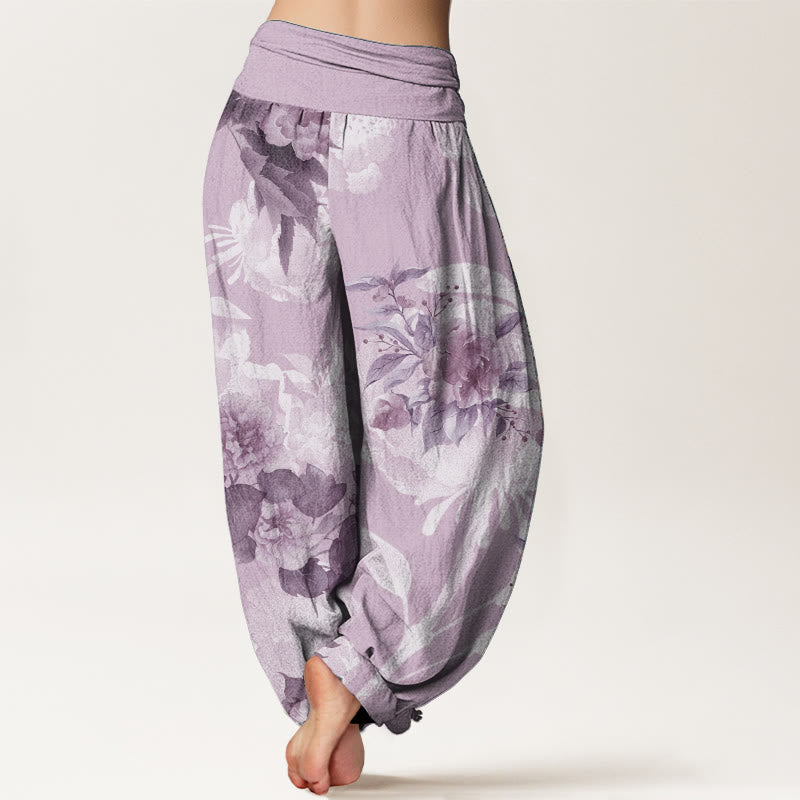 Pantalon sarouel femme taille élastique en pur coton avec fleurs et Buddha Stones blanches