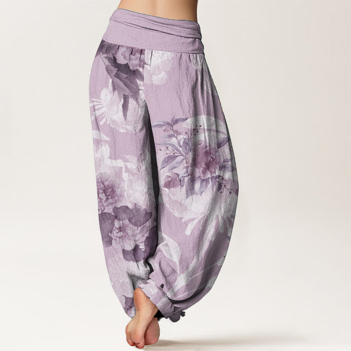 Pantalon sarouel femme taille élastique en pur coton avec fleurs et Buddha Stones blanches
