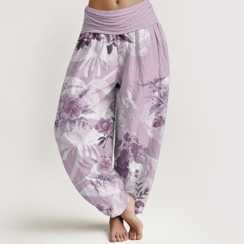 Pantalon sarouel femme taille élastique en pur coton avec fleurs et Buddha Stones blanches