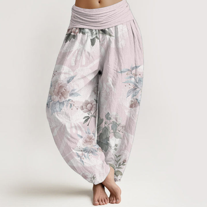 Pantalon sarouel femme taille élastique en pur coton avec fleurs et Buddha Stones blanches