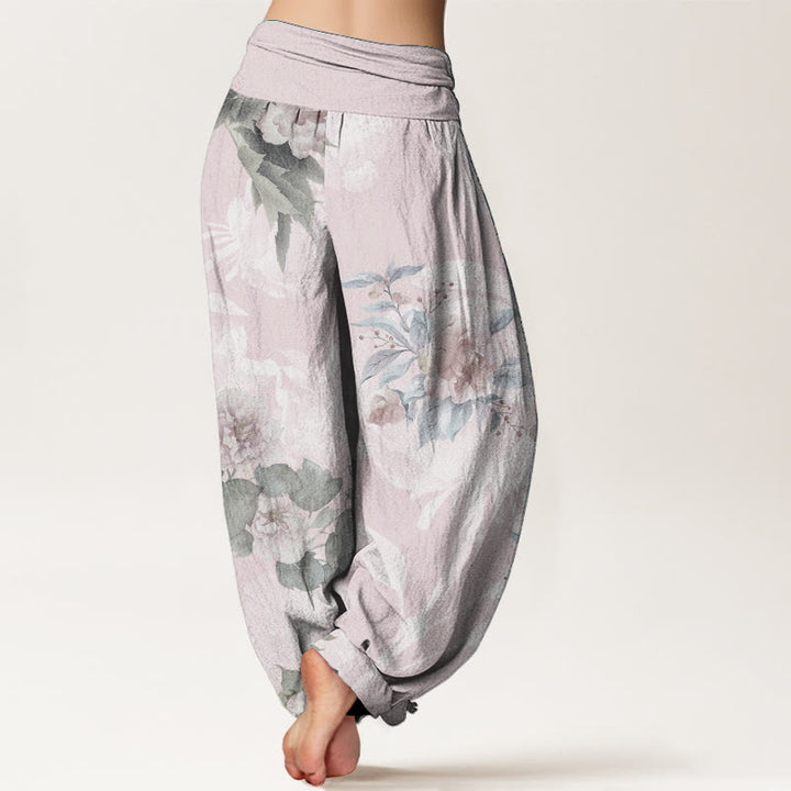 Pantalon sarouel femme taille élastique en pur coton avec fleurs et Buddha Stones blanches