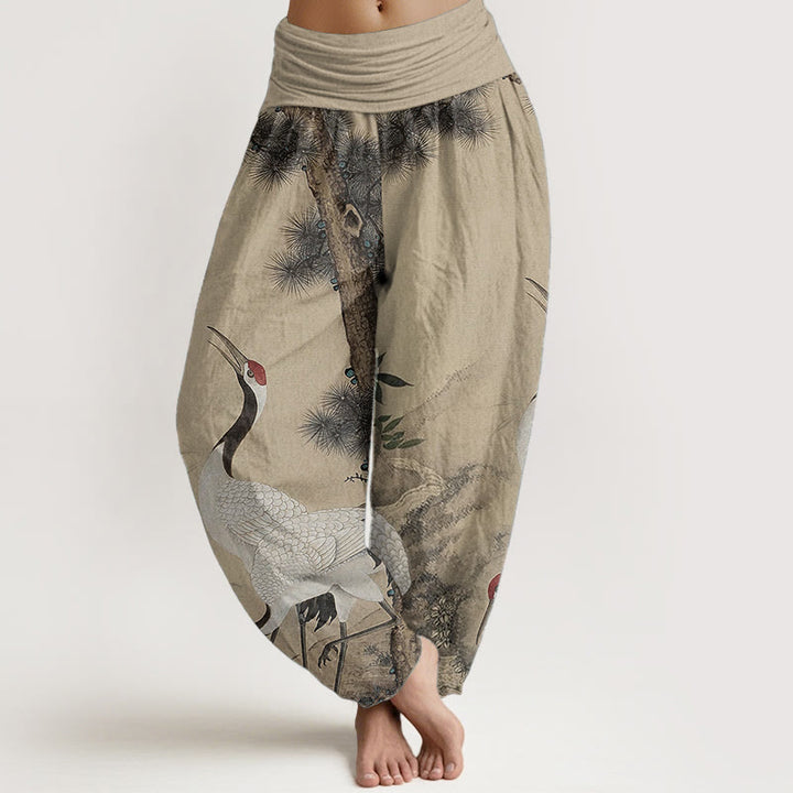 Pantalon Buddha Stones en pur coton avec motif grue à couronne rouge et pin pour femme, taille élastique