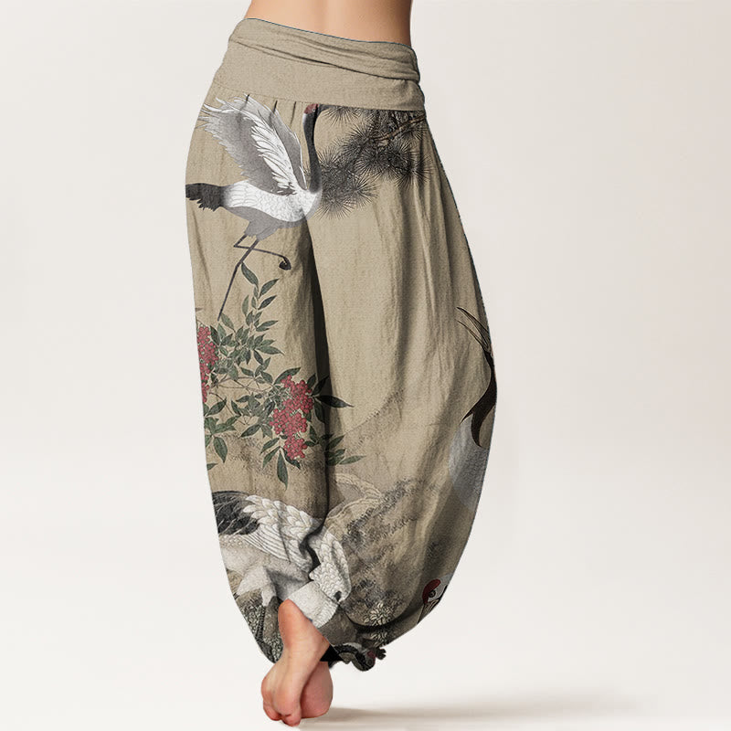 Pantalon Buddha Stones en pur coton avec motif grue à couronne rouge et pin pour femme, taille élastique