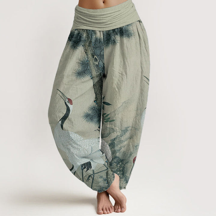 Pantalon Buddha Stones en pur coton avec motif grue à couronne rouge et pin pour femme, taille élastique