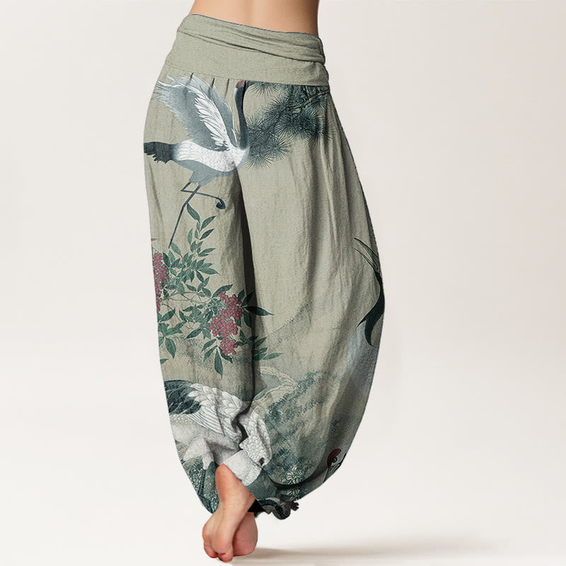 Pantalon Buddha Stones en pur coton avec motif grue à couronne rouge et pin pour femme, taille élastique - image 6