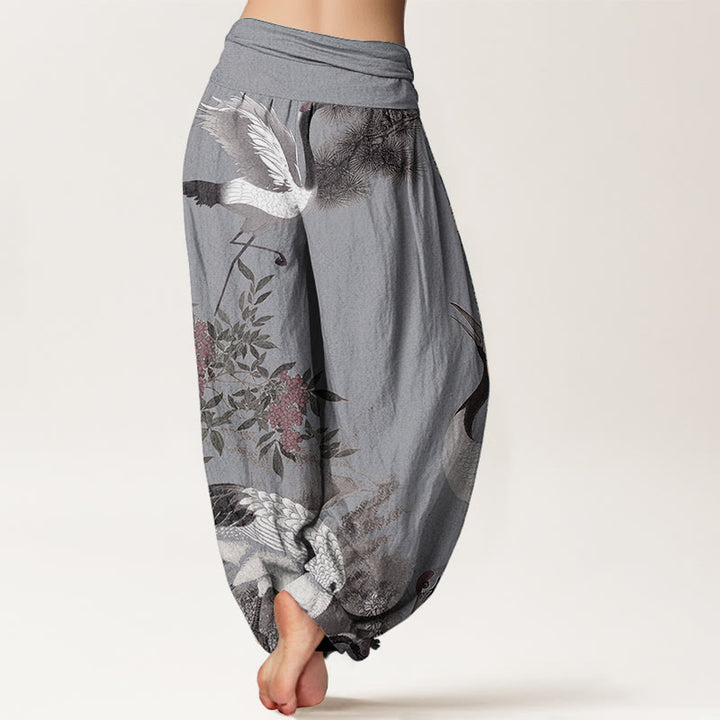 Pantalon Buddha Stones en pur coton avec motif grue à couronne rouge et pin pour femme, taille élastique