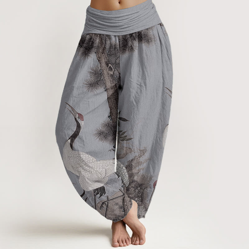 Pantalon Buddha Stones en pur coton avec motif grue à couronne rouge et pin pour femme, taille élastique