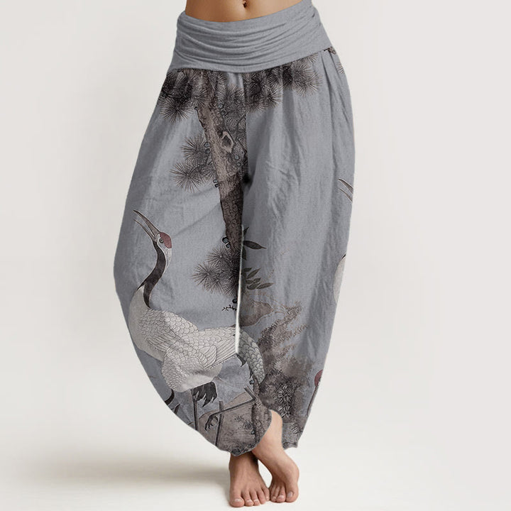 Pantalon Buddha Stones en pur coton avec motif grue à couronne rouge et pin pour femme, taille élastique