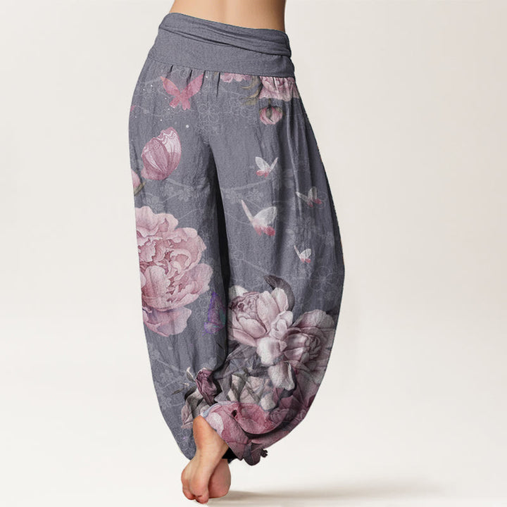 Pantalon Buddha Stones décontracté en pur coton avec motif pivoine et papillon pour femme, taille élastique