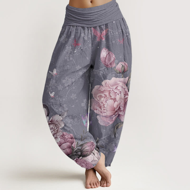Pantalon Buddha Stones décontracté en pur coton avec motif pivoine et papillon pour femme, taille élastique - Violet moyen - US22，UK/AU26，EU54 (6XL) - image 0