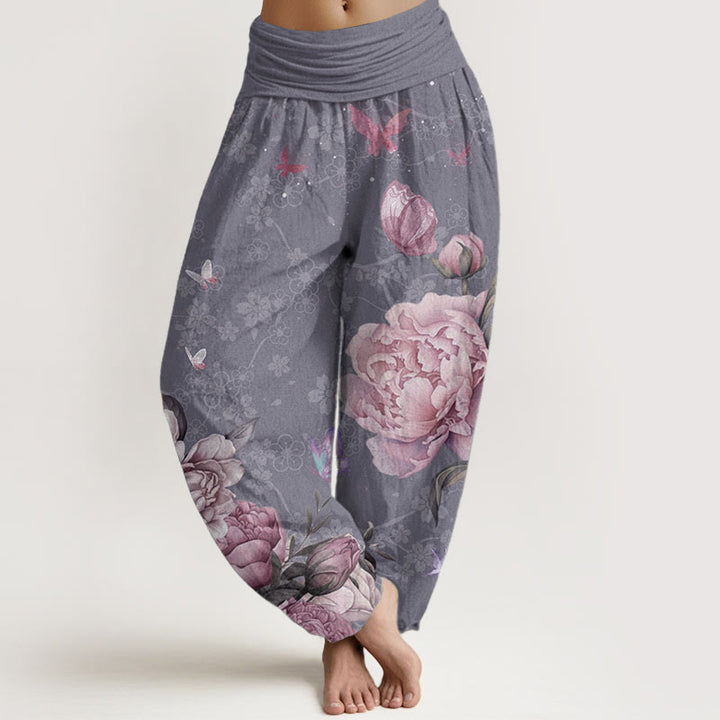 Pantalon Buddha Stones décontracté en pur coton avec motif pivoine et papillon pour femme, taille élastique - Violet moyen - US22，UK/AU26，EU54 (6XL) - image 0