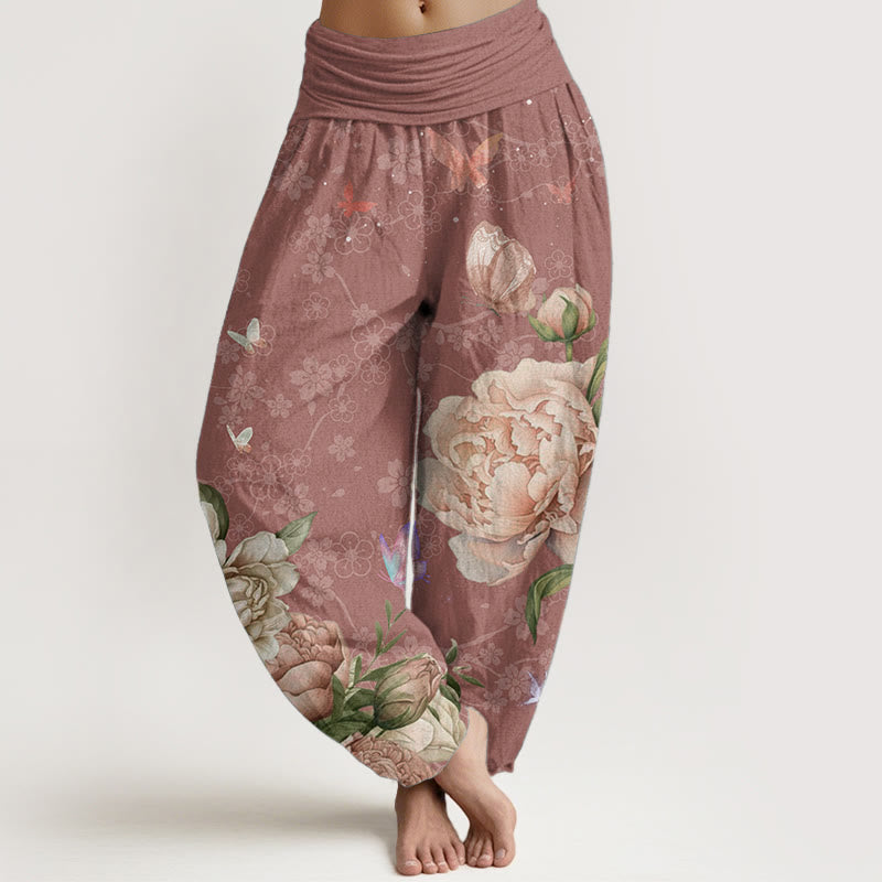 Pantalon Buddha Stones décontracté en pur coton avec motif pivoine et papillon pour femme, taille élastique
