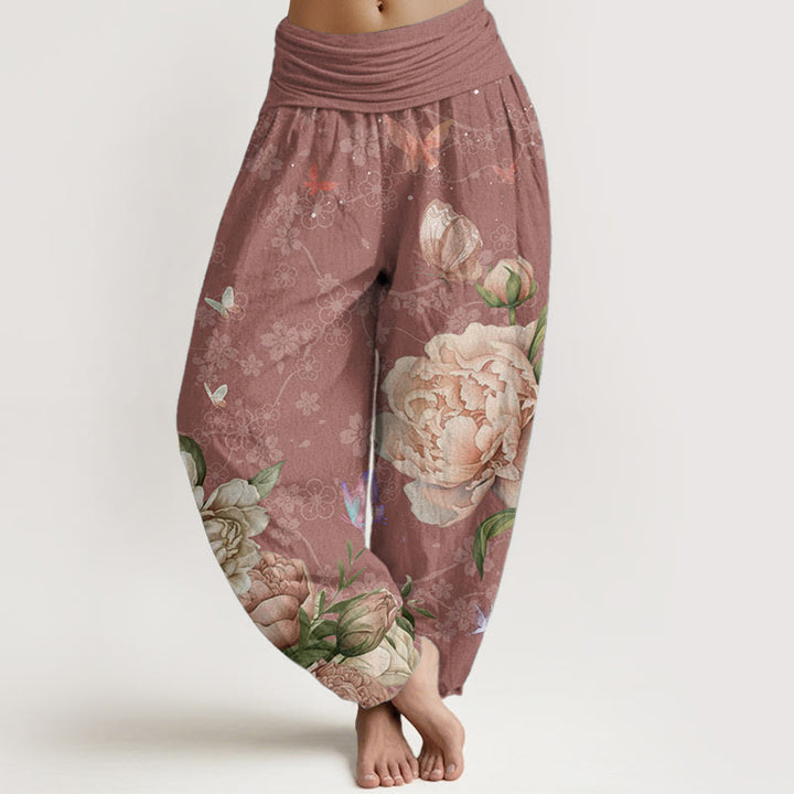 Pantalon Buddha Stones décontracté en pur coton avec motif pivoine et papillon pour femme, taille élastique