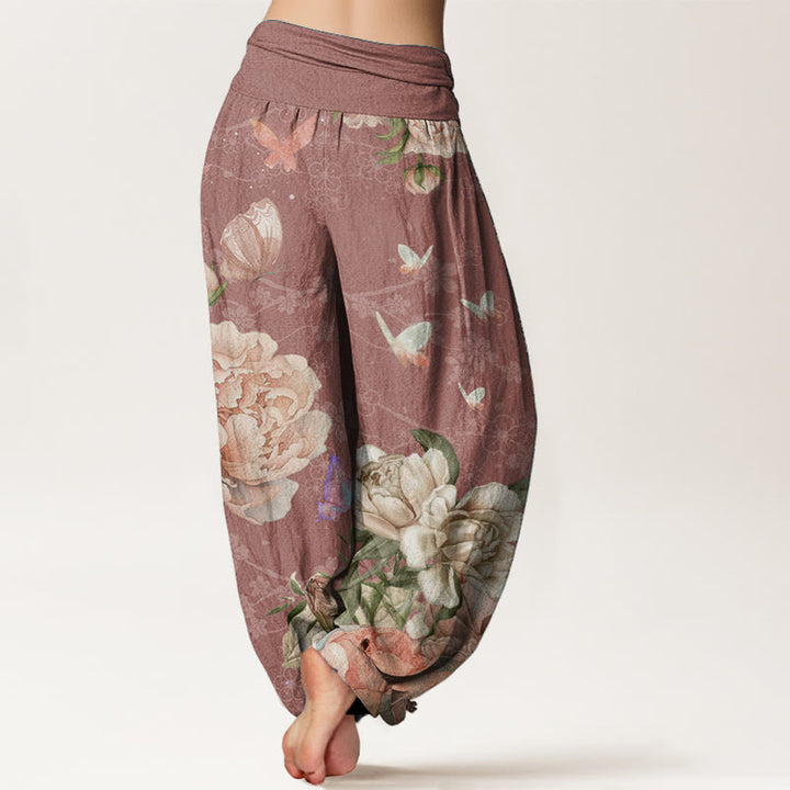 Pantalon Buddha Stones décontracté en pur coton avec motif pivoine et papillon pour femme, taille élastique